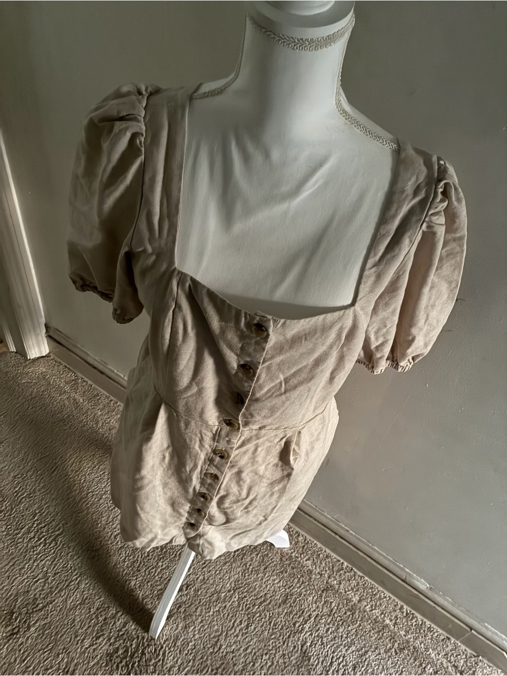 Old Navy Beige Puff-Sleeve Mini Dress with Button Front